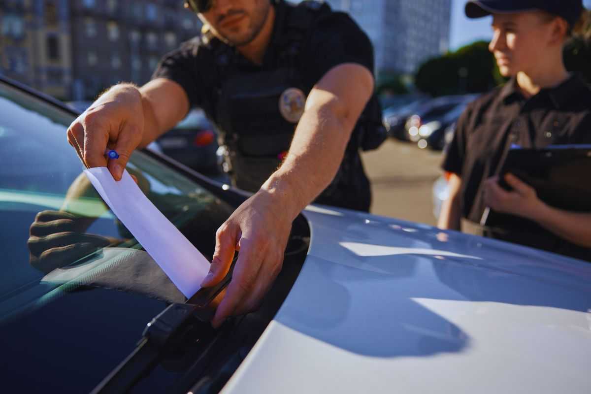 Agenti che pongono una multa sotto il tergicristallo di un'auto